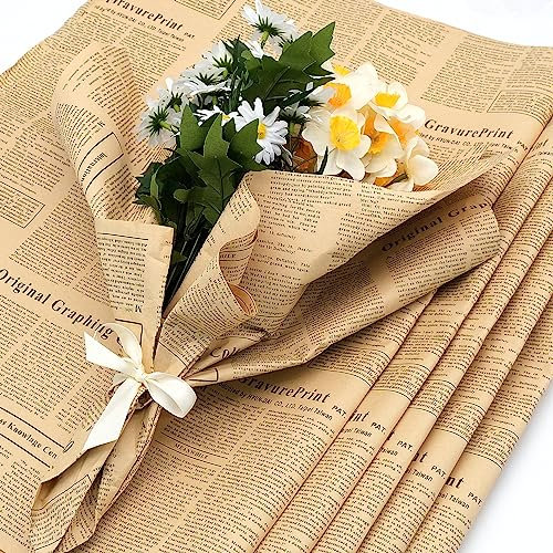 20 Sheets Kraft Wrapping Paper Birthday Kraft Brown Vintage Newspaper Gift Flowers DIY Packaging Paper for Art Craft Birthday Holiday Wedding Gift Flower Decor