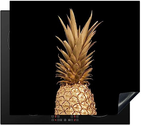 KitchenYeah© Herdabdeckplatte Einteilig Induktionsmatte Küche Abdeckung Ceranfeld Herd Abdeckplatte Deko Vinyl Matte Aufrollbar Ananas - Gold - Schwarz - Obst - Luxus - 59x51 cm