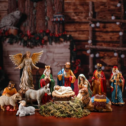 Soaoo 12 Pcs Nativity Sets for Christmas Indoor, 7 Inch The Life Nativity, Christmas Nativity Scene Figures Jesus, Stable, Palm Tree and Chests Tabletop Decor