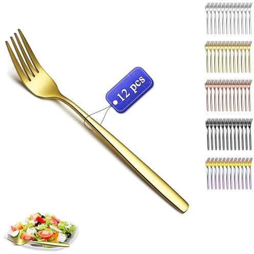 Kyraton Gold Tafelgabeln 12 Stück,18.3cm Edelstahl Menuegabel, Gabeln und Löffel Besteck, ideal für Zuhause, Restauroom, Hotel, Hochzeit, Party, spülmaschinenfest