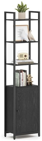 VASAGLE Bücherregal, 6 Ebenen, Regal, Standregal mit Türen, Metallrahmen, verstellbaren Ablagen, 24 x 40 x 159,5 cm, für Wohnzimmer, Schlafzimmer, ebenholzschwarz-tintenschwarz LLS132B01
