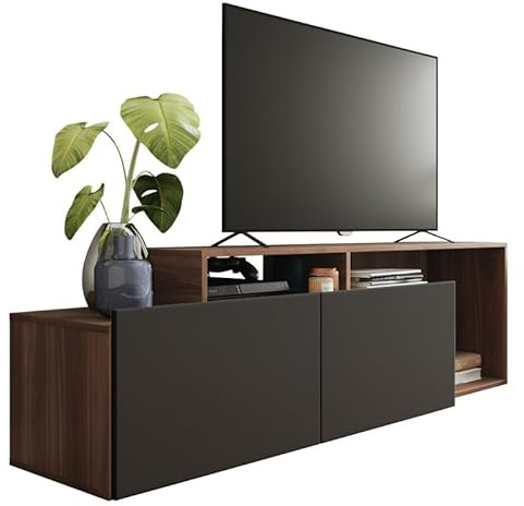Meuble TV 50 Pouces 2 Abattants Noir et Chêne foncé L 164 H 46.5 P 37.5 cm