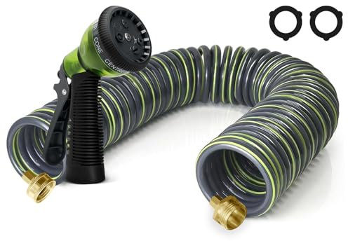 Coil Hose 50FT EVA Coil Garden Hose With 3/4'' Brass Connector Coiled Water Hose Lightweight And No Kink Includes 7 Patterns Spray Nozzle For Outdoors Lawn Watering Car Washing