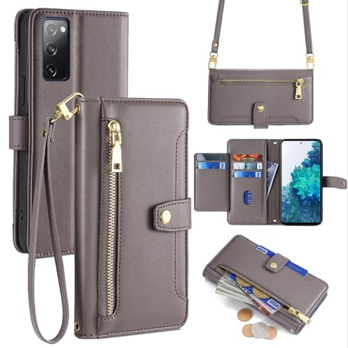 betterfon Handykette kompatibel mit Samsung Galaxy S20 FE | Leder Handyhülle mit Kartenfächern | Handyhülle zum Umhängen | Grau