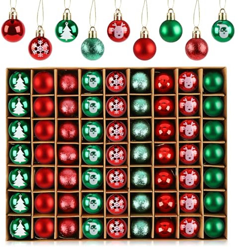 Anstore 63pcs Christmas Ball Ornaments 3cm - Mini Red and Green Shatterproof Baubles With Glitter for Xmas Tree, Holiday, Wedding, Party, Festival Decorations