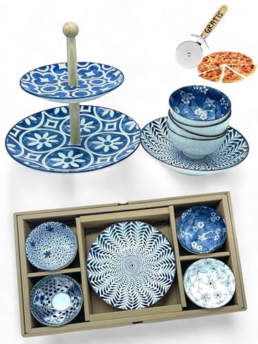 vienberg 6-teiliges Keramik Set mit 4 Schalen, 1 Servierteller und 1 Etagere – Elegante, spülmaschinenfeste japanische Designs, ideal für Geschenke, Geschirr, Gratis Pizzaschneider