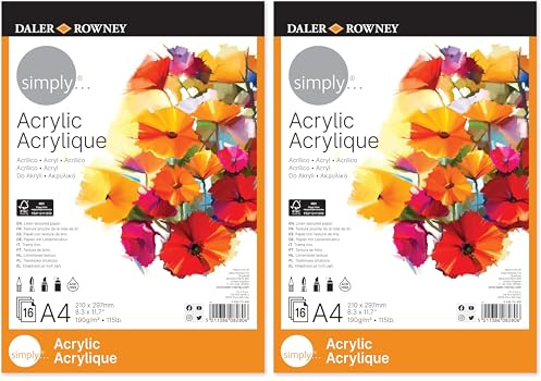 Daler Rowney Bloc Encolado ideal para Acrílico DALER ROWNEY Simply, de Formato 21 x 29,7 cm, con 16 Hojas de Papel de 190 g/m2 de Grano Fino (Paquete de 2)