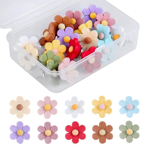 SacJkt Chinchetas Flores, 30 Piezas Chinchetas para Corcho con con Caja de Almacenamiento, Chinchetas Decorativos para Pared de Fotos, Tablero de Corcho, Mapa, Oficina, Hogar (10 Colores)
