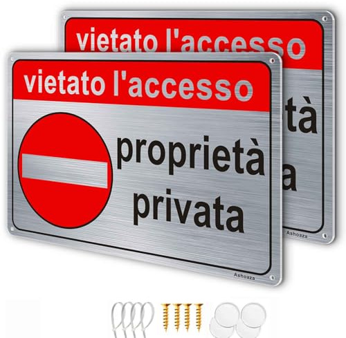 2 Pezzi Cartello Proprietà Privata in Alluminio Spazzolato, Cartello Vietato L'accesso ai non Autorizzati, 20x30 Cm Divieto Accesso, Riflettente, Impermeabile, con Accessori (Fascette, Viti, Nastro)