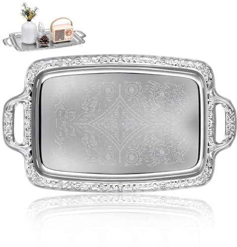 Ciieeo Stainless Steel Rectangular Snacks Serving Plate 15.35X9.06In Metal Food Tray with Raised Edging for Outdoor Parties and Barbecue Tabletop Organizer