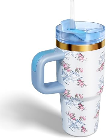 Bestaa Bicchiere da 400 ml con manico e cannuccia, con coperchio e cannuccia, in acciaio inox 304, per scuola, sport all'aria aperta (papillon blu)