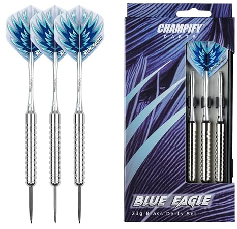 Champify Blue Eagle Lot de 3 fléchettes en laiton avec baril de 23 g et pointe en acier, avec 6 tiges en aluminium, ailettes et accessoires, fléchettes précises en acier pour débutants et