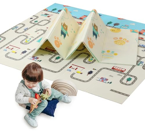 CHOLY Baby Play Mat, 180×150 cm, Foldable Kids Playmat, Baby Crawling Mat for Toddlers & Infants, Waterproof Reversible Foam Mat, Large Anti- Slip Playpen Mat (180 * 150cm, City Road and Bear Kite)