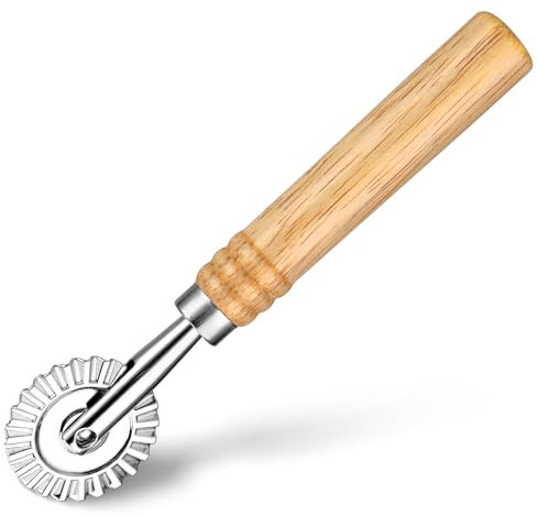 ElevateTech Pasta Cutter Wheel Ravioli Cutter Long Wooden Handle Pasta Pastry Cutters Wheel Dough Fluted Portable Dumpling Lace Making Biscuit Mold Suitable Kitchen Home (Silver 6.3 Inches)