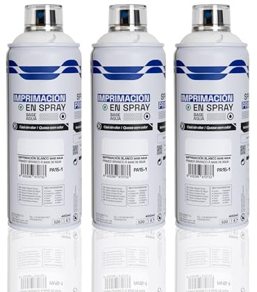 BESCH Pintura en Spray Base Agua 400ml – Ecológica, Sin Olor, para Madera, Plástico, Metal y Cartón – Cobertura Uniforme y Secado Rápido - Imprimación Blanca, Pack de 3 unidades