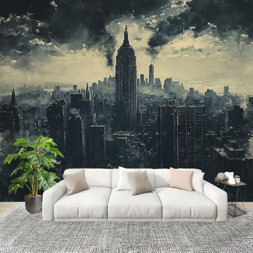 Sala Papel PintadoFotomurales 350x256 cm Vista nocturna del horizonte de Nueva York Mural de Pared Moderno Negro Papel Pintado Tejido no Tejido Dormitorio Estudio Decoración Fotomurales