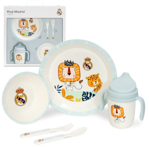 Interbaby - Set de Vajilla Infantil 5 Piezas Real Madrid Azul | Plato llano, Bol, Cubiertos y Vaso antigoteo | Apto para Lavavajillas | Apto para Microondas | Licencia Oficial | Libre de BPA