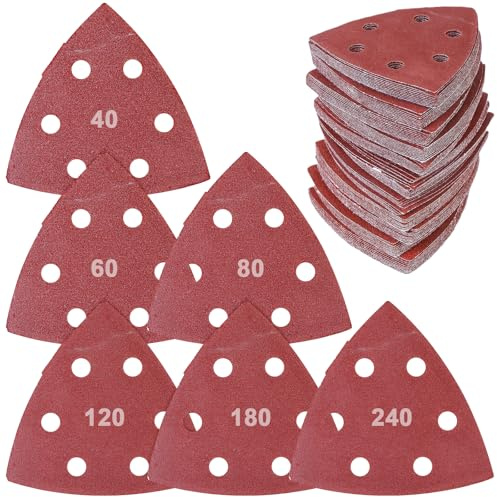 Deltaschleifer Schleifpapier Dreieckschleifer, 240 Stück Delta Schleifpapiers mit Klett, 6 Loch, 90x90x90mm Schleifdreiecke, Dreieck Schleifpapier Je 40 x Körnung P40 P60 P80 P120 P180 P240