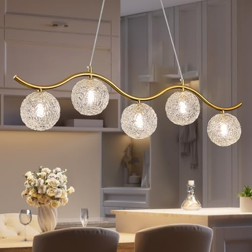 JUJUQI Moderne Gold Kronleuchter Mit 5 Klarglas Globe Pendelleuchten,Höhenverstellbar Hängeleuchte,Luxus Sputnik Kronleuchter für Esszimmer,Esstische,Küche
