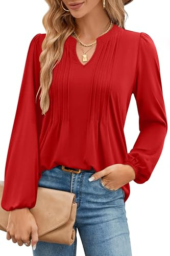 IVIR Damen V-Ausschnitt Puff Langärmel T-Shirts Plisserte Casual Loose Tunica Blouse Rot XL