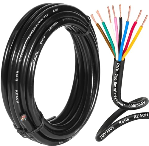 D-TECH Câble de remorque 8 Fils 15M, Câble électrique pour eclairage de remorque, Câble Rond 8 Fils de Remorque pour Le câblage des Feux arrière, 80V 48V 24V 12V Câble de véhicule 7x0,5 mm²+1x1 mm²