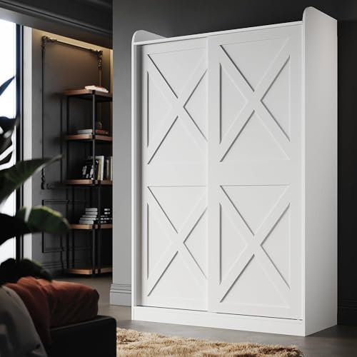 ELEGANT Sliding Door Wardrobe - Modern White Matte Finish with Aluminium Hanging Rail and Removable Panels (D2 Design) - W118xD50xH186cm