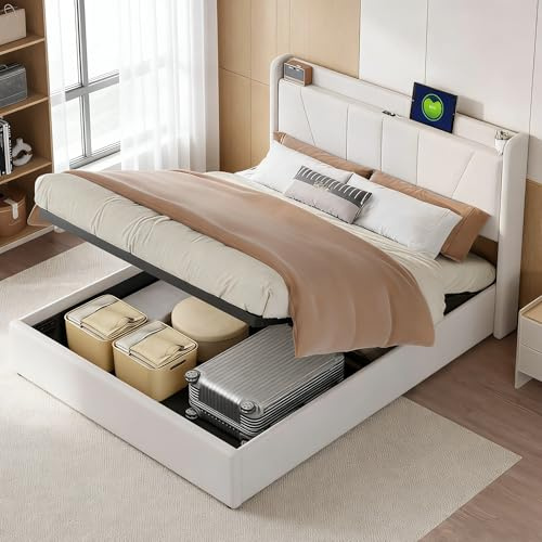 BRILVERDE Polsterbett 140x200 mit Stauraum, Hydraulisch Stauraumbett, Doppelbett mit USB und kopfteil, Bettgestell mit Lattenrost, Bettrahmen für Erwachsene, Leinen (Beige, 140 x 200 cm)