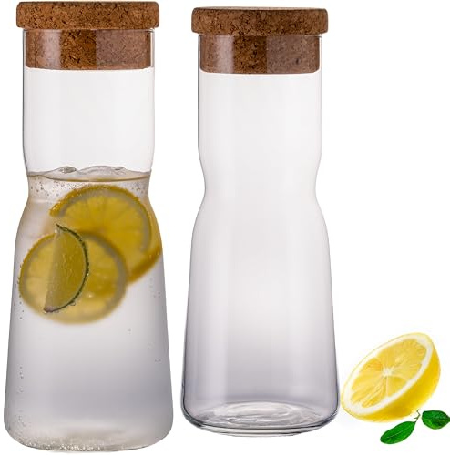 IMPERIAL glass Glaskaraffe 1L – Wasserkaraffe aus Crystalline Glas mit Korkdeckel – X-Form Set 2 Stück Spülmaschinenfest