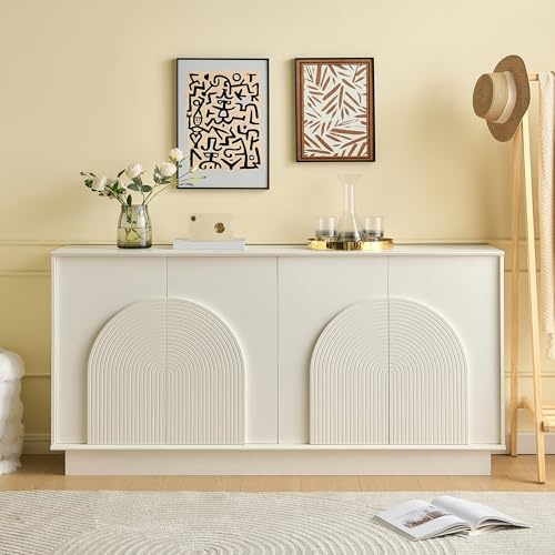 FammyLoft Sideboard Wohnzimmer mit 4 Gewölbten Türen, Buffetschrank mit Matter Oberfläche, 160×38×80cm, Modern Wohnzimmerschrank für Schlafzimmer & Flur, Weiß