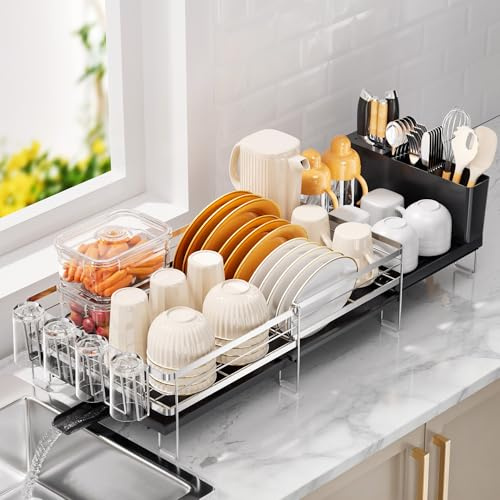 Delamu Stainless Steel Dish Drying Rack, Expandable Dish Drainer, Anti-Rust Large Dish Racks for Kitchen Counter, Dish Strainers with Drainboard, Utensil & Cup Holder, 13.4-28.7 L x 11.8 W, Silver