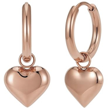 Roséguldcreoler med hänge – Hjärtörhängen för kvinnor i 316L rostfritt stål, 18K roséguld – vattentåliga – hängande örhängen (14 mm)
