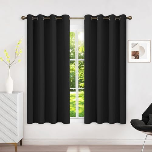 Runyéla Blackout Curtains for Bedroom Eyelet 46 x 54 Inch Drop Thermal Black Out Curtain for Living Room Kitchen, 2 Panels, Black