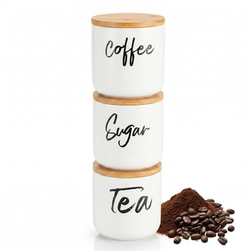 EVERGOODS Storage Jars & Canisters 3-Piece Kitchen Storage Jars with Wooden Lids – Tea, Coffee & Sugar Canisters, Airtight Steel Containers, Stackable Kitchen Storage Tins (White)