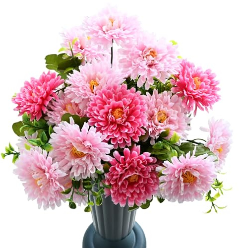 4pcs Artificial Flowers for Graves, Fake Grave Flowers Outdoor Magenta Pink | Faux Chrysanthemum, Silk flowers, Grave Ornaments, Funeral, Graveside, artificial plants outdoor, 20 Blooms, No Pots