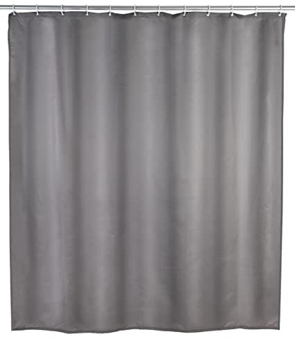 WENKO Anti-Schimmel Duschvorhang Grau, Textil-Vorhang mit Antischimmel Effekt fürs Badezimmer, waschbar, wasserabweisend, mit Ringen zur Befestigung an der Duschstange, 180 x 200 cm