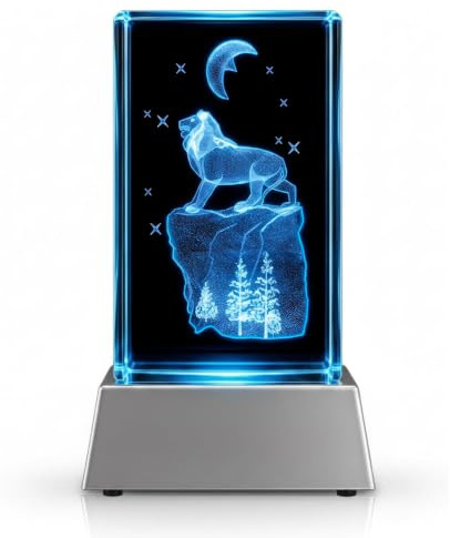 Kaltner Präsente Stimmungslicht - Das perfekte Geschenk: LED Kerze/Kristall Glasblock / 3D-Laser-Gravur Tiere Löwe