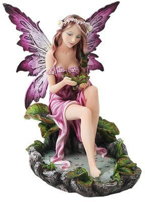 10 Inch Water Purple Winged Fairy Sitting By Pond Statue Figurine