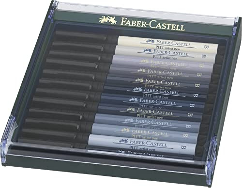 Faber-Castell - Tuschestifte Pitt Artist Pen Brush Grautöne, 12 Stifte | Wasserfeste und lichtbeständige Zeichentusche, Pinselstifte für Illustrationen und Kreativprojekte