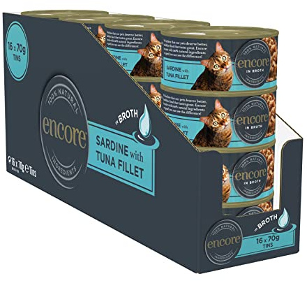 Encore Cibo umido naturale per gatti al 100%, sardine con tonno in brodo, latta da 70 g (confezione da 16 scatole)
