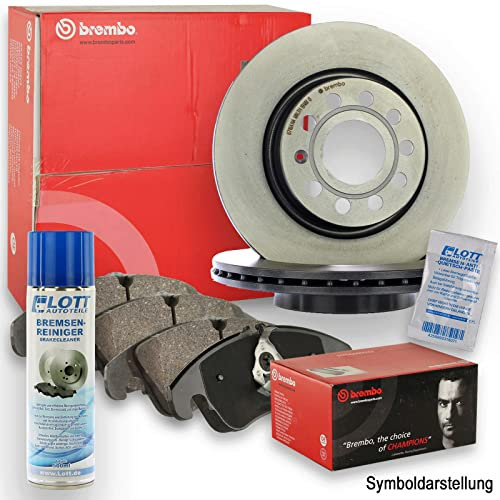Original Brembo Bremsscheiben vorne + Brembo Bremsbeläge Bremsklötze Bremsenset Bremsenkit Komplettset Vorderachse + Bremsenreiniger