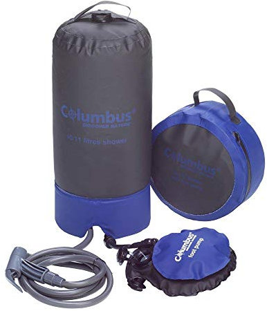 COLUMBUS Ducha Camp Shower | Ducha Portátil de Camping con Bomba de Pie y Agua a Presión. Resistente, Ligera y Compacta con Capacidad para 11 litros - Color Negro y Azul