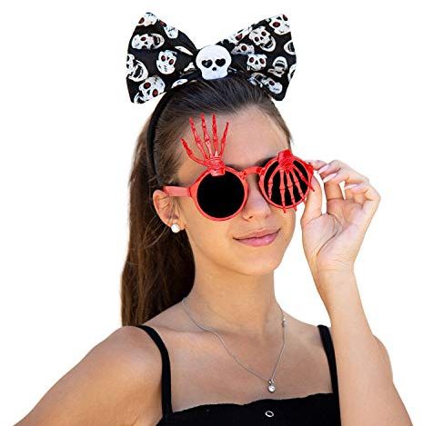 Oblique Unique® Schleife Haarreifen mit Totenkopf Motiven Kostüm Accessoire Haarreif für Halloween Karneval Fasching Motto Party Schwarz Weiß Rot