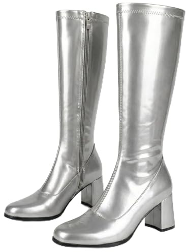 Golden Beads Go-Go-Stiefel für Damen, 1960er- und 70er-Jahre-Stil, Retro-Stil, große Größen 43-47, silber, 42 EU