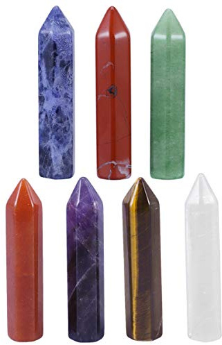 mookaitedecor Natural 7 Chakra Crystals Wands Set, Small Polished Hexagonal Quartz Crystal Tumbled Stone Wand Point for Reiki Balancing Chakra Meditation Healing Crystal Witchcraft Wiccan Decor Gift