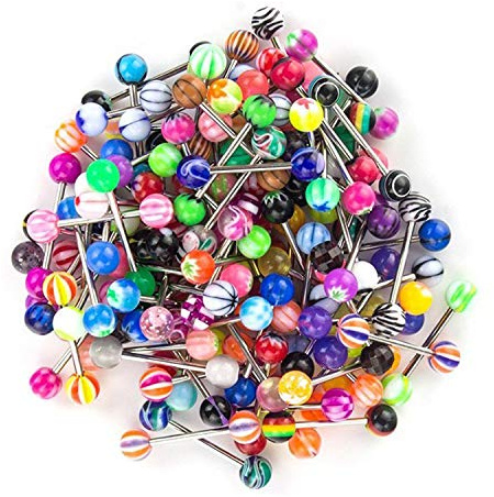 FECTAS 50pcs Tongue Ring Bars Pack 16mm Barbell Stainless Steel with Arylic Balls Piercing