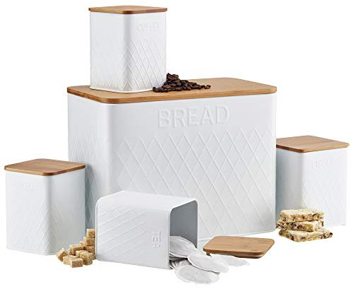 Cooks Professional 5 Piece Tea, Coffee, Sugar, Biscuit & Bread Square Cannister Set with Bamboo Lids | Diamond Pattern Labelled Stainless Steel Kitchen Storage Bins Airtight Containers | White