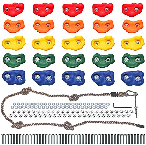 Jungle Gym Kingdom Rock Climbing Holds for Kids - Indoor & Outdoor Rock Wall Climbing Kit with Mounting Hardware, Knotted Rope and 25 Handles - Playground Accessories﻿