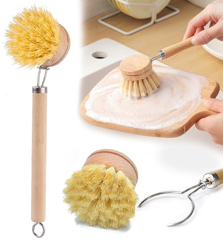 Brosse à Vaisselle en Bois Haut de Gamme, Brosses à Vaisselle avec 2 Têtes de Rechange, Set de Brosses de Nettoyage avec Poils Naturels en Fibre Écologique pour Cuisine et Salle de Bain