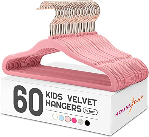 HOUSE DAY Kids Velvet Hangers 60 Pack(14 Inch) - Kids Hangers with Non-Slip and Space Saving for Children, Durable Kids Coat Hanger - Children hanger with 360°Swivel Rose Gold Hook (Pink)