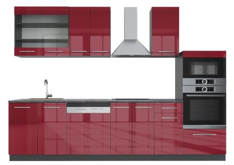 Vicco Küchenzeile Fame-Line, Bordeaux Hochglanz/Anthrazit, 300 cm